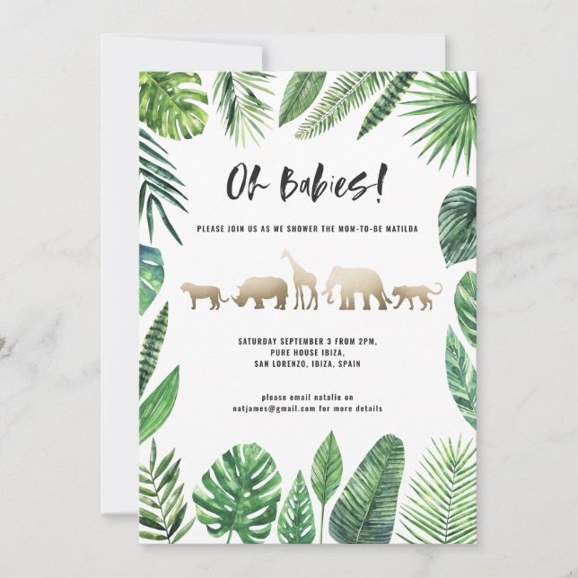Tropical foliage and gold animals twin baby shower (Front)