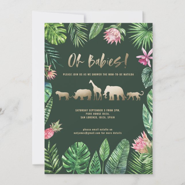 Tropical foliage and gold animals twin baby shower (Front)