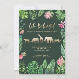 Tropical foliage and gold animals twin baby shower