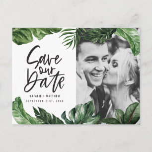 Tropical foliage and hand lettering photo wedding postcard