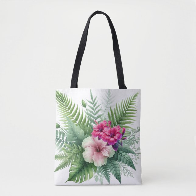 Tropical Foliage and Hibiscus Flowers Tote Bag (Front)
