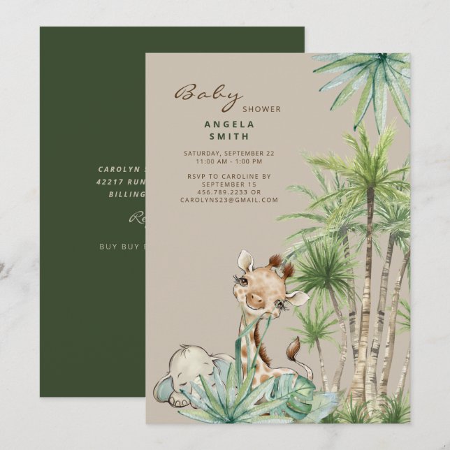Tropical Foliage Baby Animals Baby Shower Invitation (Front/Back)