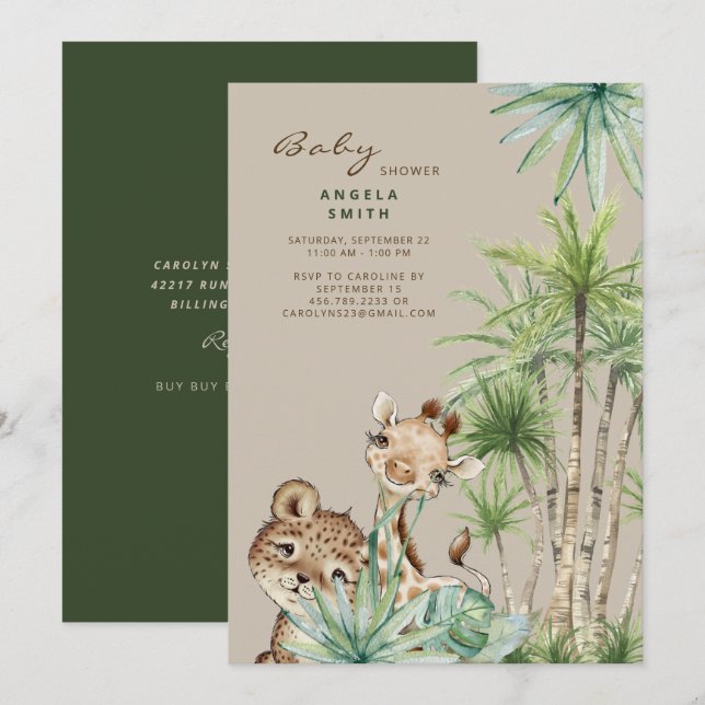 Tropical Foliage Baby Animals II Baby Shower  Invitation (Front/Back)