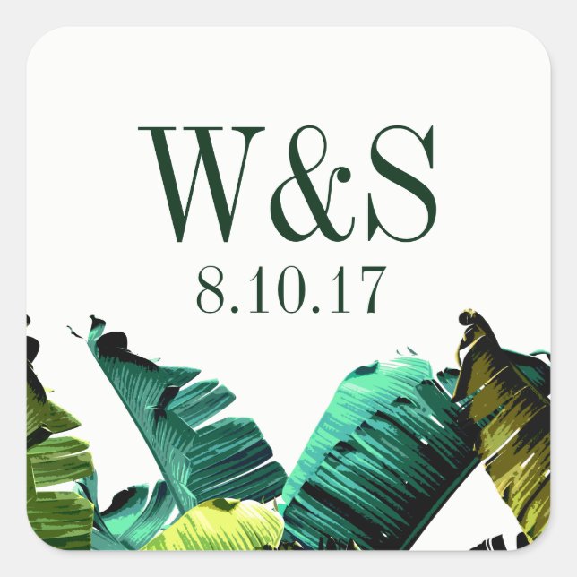 Tropical Foliage Banana Leaves | Personalised Square Sticker (Front)