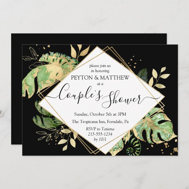 Tropical Foliage Black & Gold Couple's Shower Invitation (Front/Back)