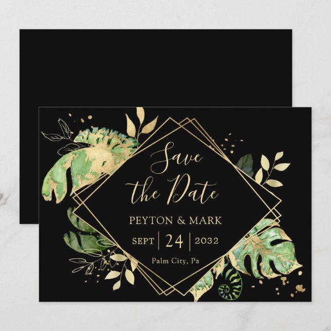 Tropical Foliage Black & Gold Elegant Geometric Save The Date (Front/Back)