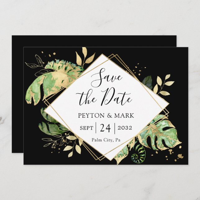 Tropical Foliage Black & Gold Elegant Geometric Save The Date (Front/Back)