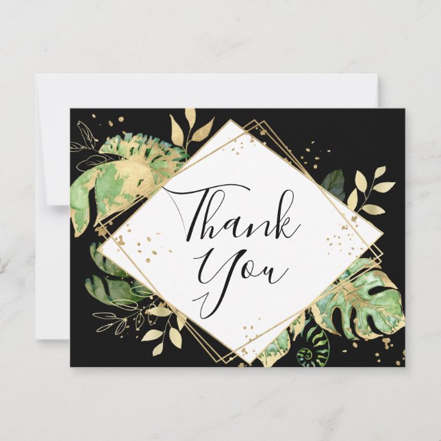 Tropical Foliage Black & Gold Geometric Thank You Card (Front)