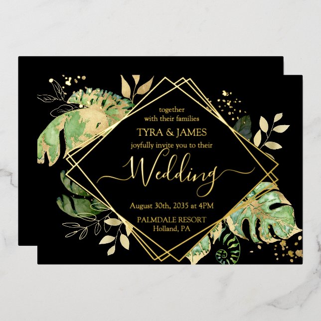 Tropical Foliage Black & Gold Geometric Wedding (Front/Back)