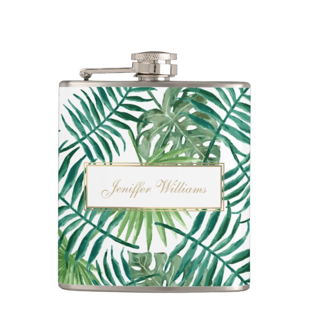 Tropical Foliage Botanical Leaves Pattern.         Hip Flask (Front)