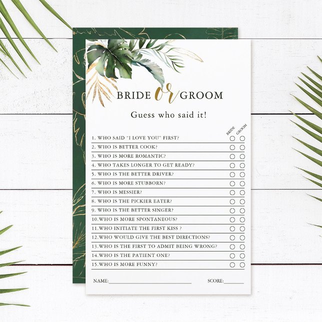 Tropical Foliage Bride or Groom Bridal Shower Game (Creator Uploaded)