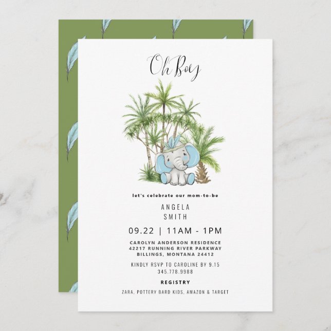 Tropical Foliage Cute Elephant Boho Oh Boy Invitation (Front/Back)