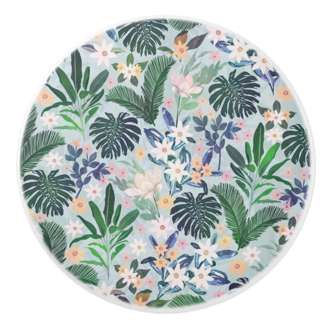 Tropical Foliage Floral Pattern Ceramic Knob (Front)