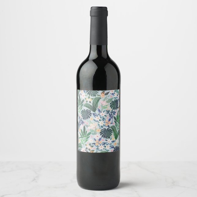 Tropical Foliage Floral Pattern Wine Label (Front)