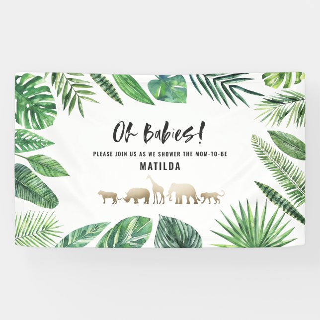 Tropical foliage + gold animals baby shower party banner (Horizontal)