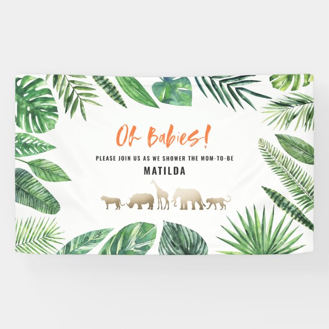 Tropical foliage + gold animals baby shower party banner (Horizontal)