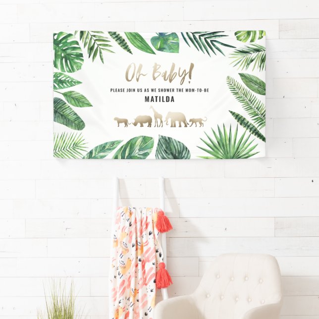 Tropical foliage + gold animals baby shower party banner (Insitu)