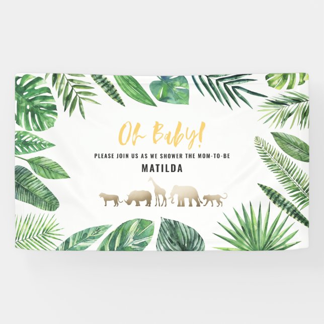 Tropical foliage + gold animals baby shower party banner (Horizontal)