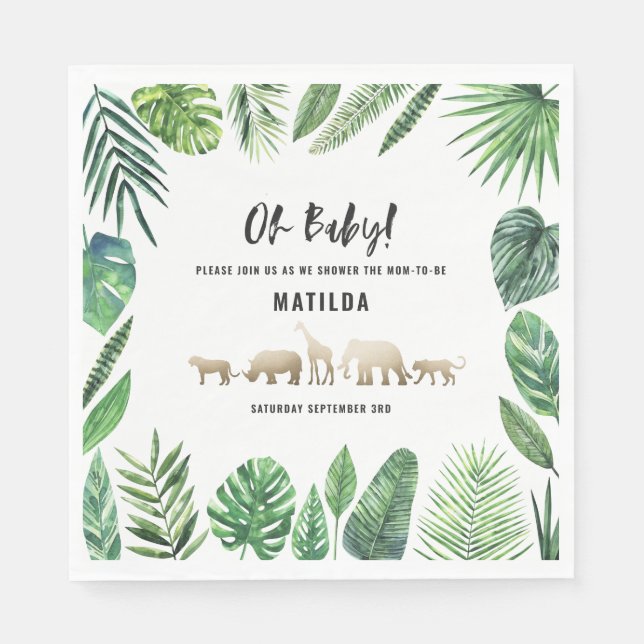 Tropical foliage + gold animals baby shower party napkin (Front)