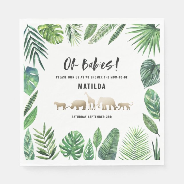 Tropical foliage + gold animals baby shower party napkin (Front)