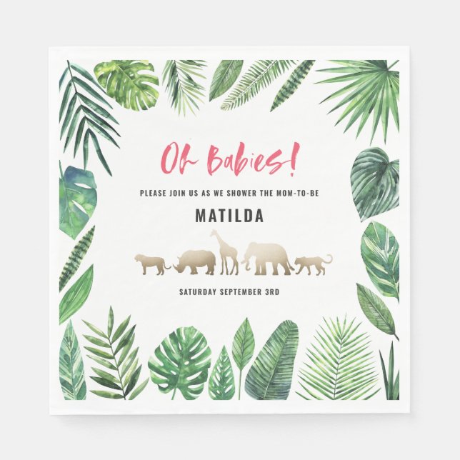 Tropical foliage + gold animals baby shower party napkin (Front)