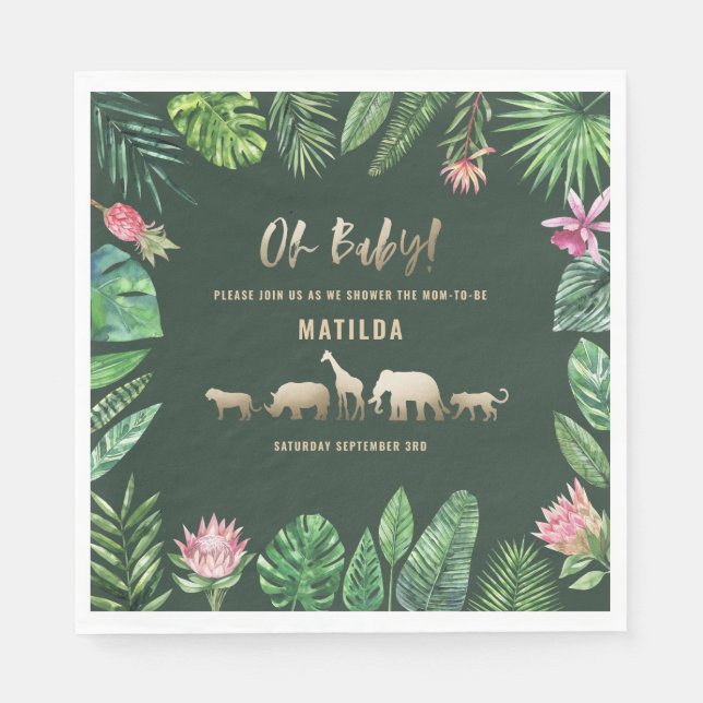 Tropical foliage + gold animals baby shower party napkin (Front)