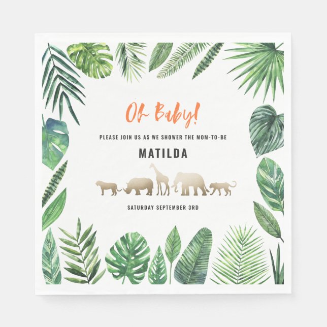 Tropical foliage + gold animals baby shower party napkin (Front)