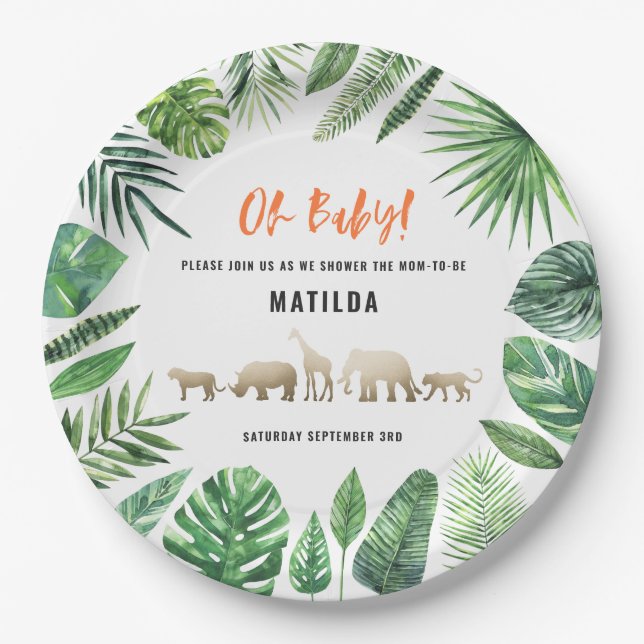Tropical foliage + gold animals baby shower party paper plate (Front)