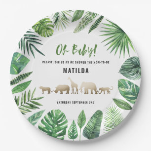 Tropical foliage + gold animals baby shower party paper plate