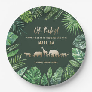 Tropical foliage + gold animals baby shower party paper plate