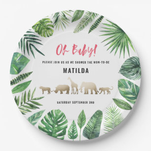 Tropical foliage + gold animals baby shower party paper plate