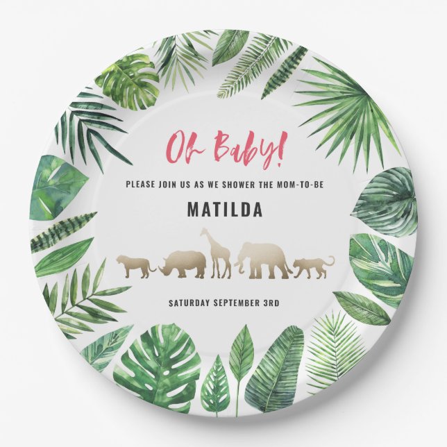 Tropical foliage + gold animals baby shower party paper plate (Front)