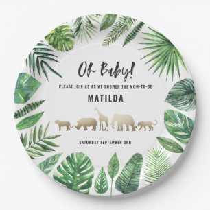 Tropical foliage + gold animals baby shower party paper plate