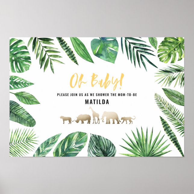 Tropical foliage + gold animals baby shower party poster (Front)