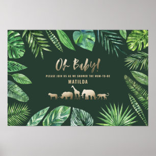 Tropical foliage + gold animals baby shower party poster