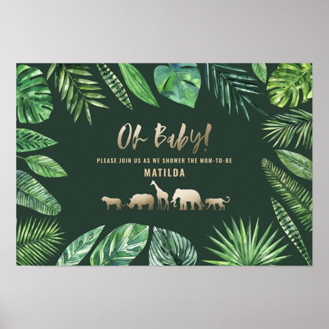 Tropical foliage + gold animals baby shower party poster (Front)