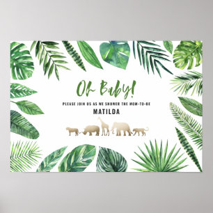 Tropical foliage + gold animals baby shower party poster