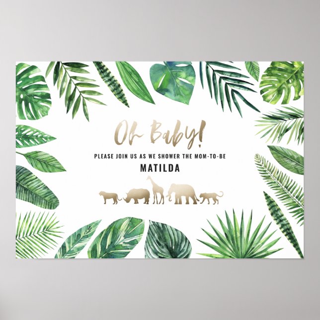 Tropical foliage + gold animals baby shower party poster (Front)