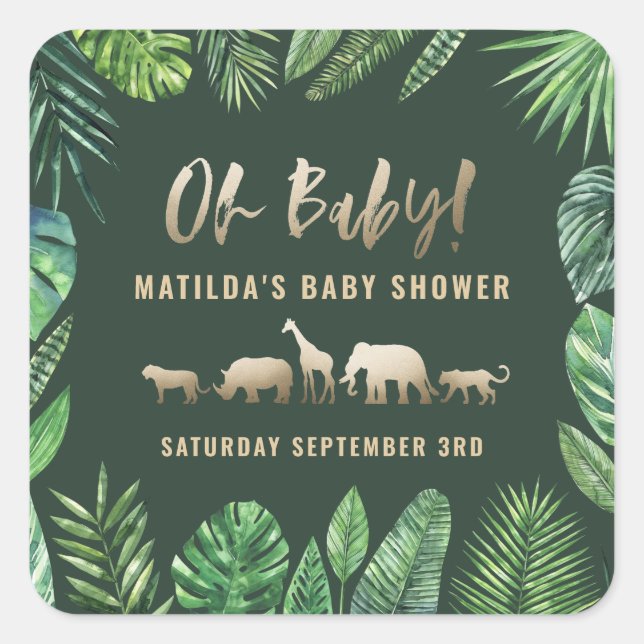 Tropical foliage + gold animals baby shower party square sticker (Front)
