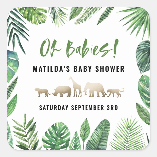 Tropical foliage + gold animals baby shower party square sticker (Front)