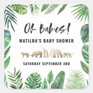 Tropical foliage + gold animals baby shower party square sticker