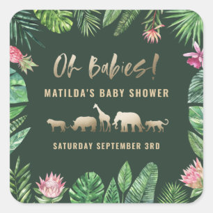 Tropical foliage + gold animals baby shower party square sticker