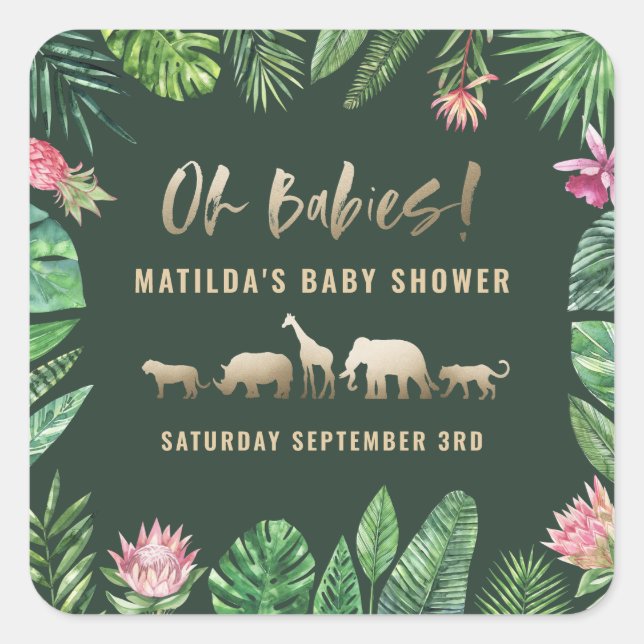 Tropical foliage + gold animals baby shower party square sticker (Front)