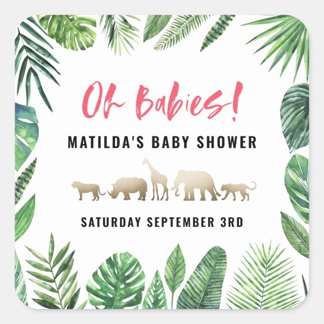 Tropical foliage + gold animals baby shower party square sticker (Front)