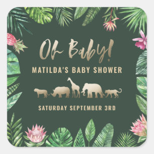 Tropical foliage + gold animals baby shower party square sticker