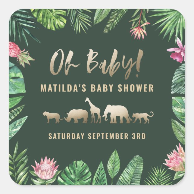 Tropical foliage + gold animals baby shower party square sticker (Front)