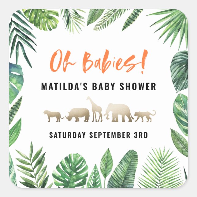 Tropical foliage + gold animals baby shower party square sticker (Front)