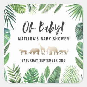 Tropical foliage + gold animals baby shower party square sticker