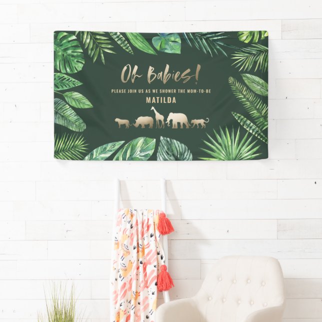 Tropical foliage + gold animals twin baby shower banner (Insitu)