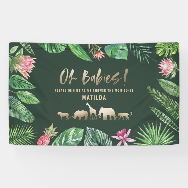 Tropical foliage + gold animals twin baby shower banner (Horizontal)